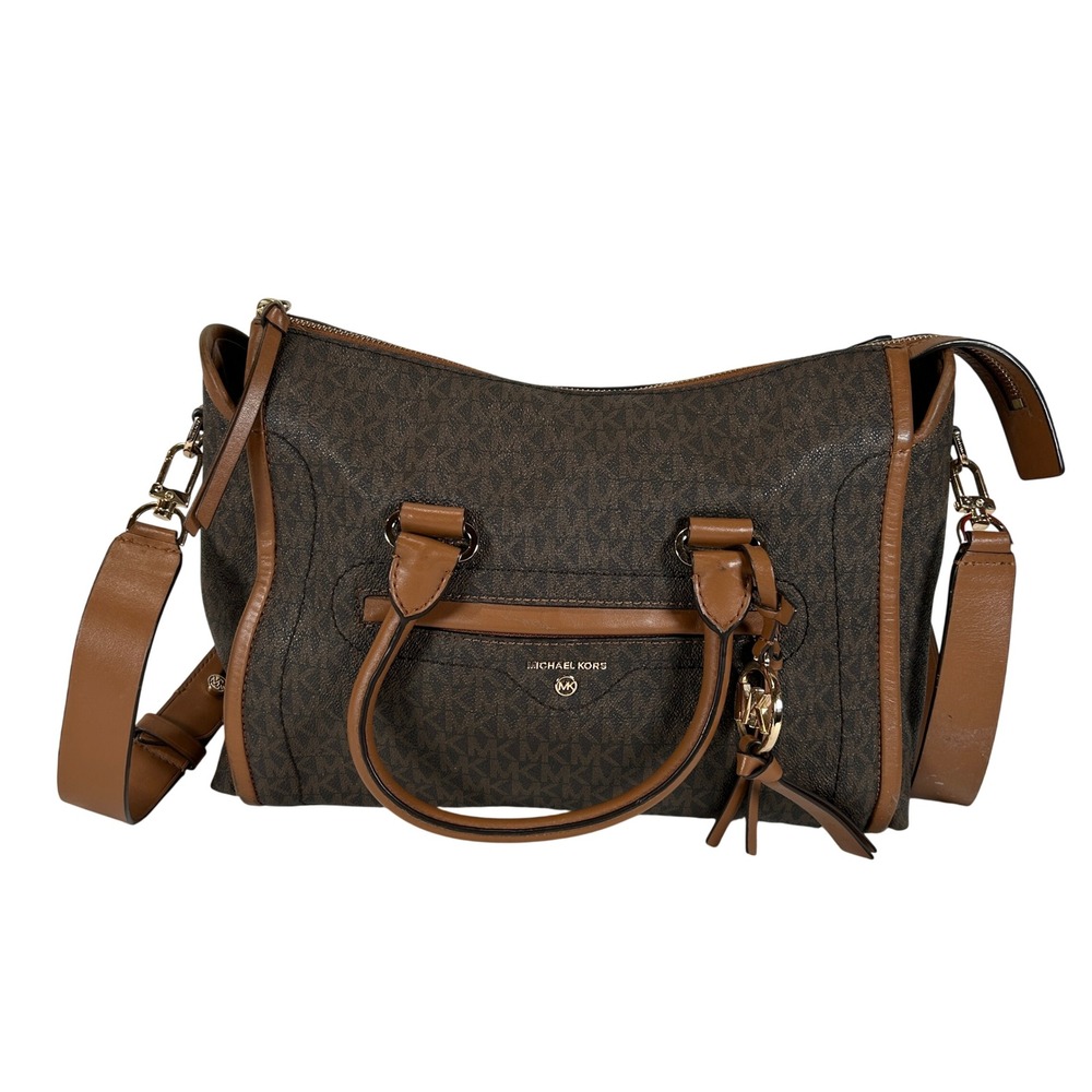 Michael Kors Brown Monogram Satchel Crossbody Bag Gold Hardware - Picture 1 of 16